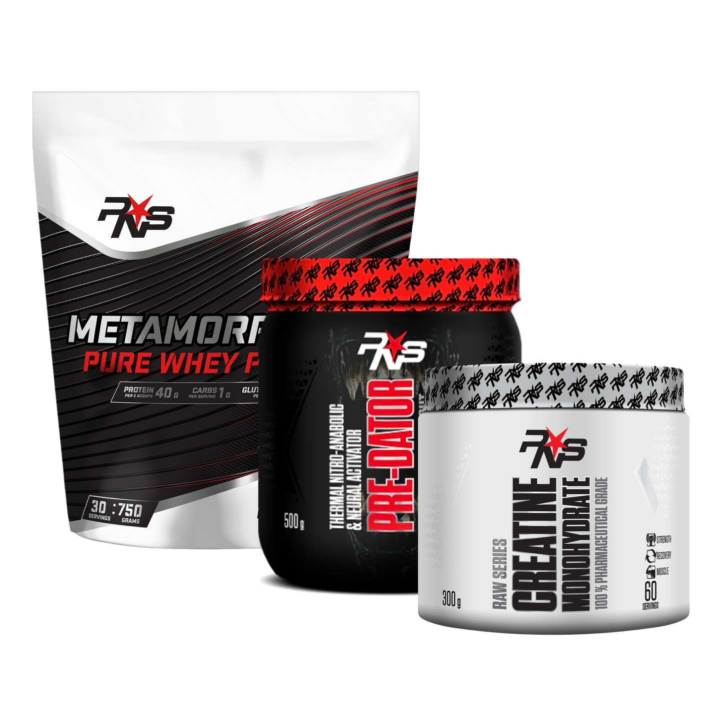 Metamorphosis Pure Whey Protein + Pre-Dator Hybrid Pre-Workout + Creatine Monohydrate 300g