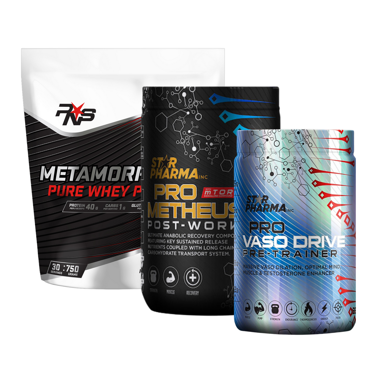 Metamorphosis Whey Protein + Pro Metheus Post-Workout + Pro Vaso Drive Pre-Trainer
